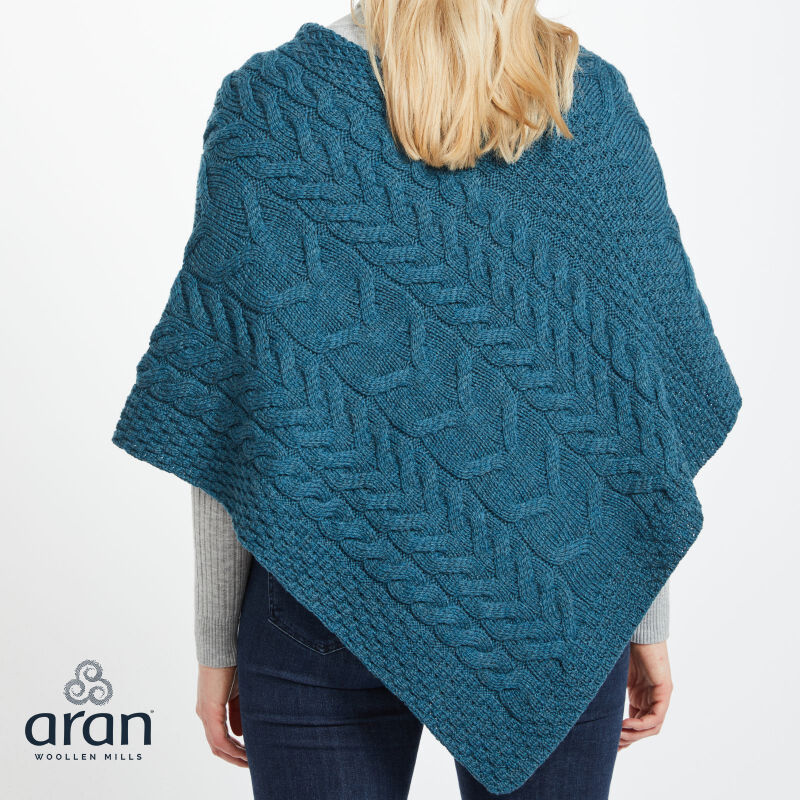 Super Soft Merino Wool Triangular Aran Cable Knit Design Poncho  Blue Colour